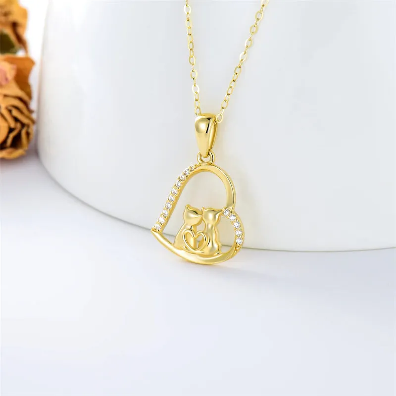 14K Solid Gold Cat Necklace for Women Cat Lover Gift Eternal Love Heart Necklace for Wife Girlfriend Mom