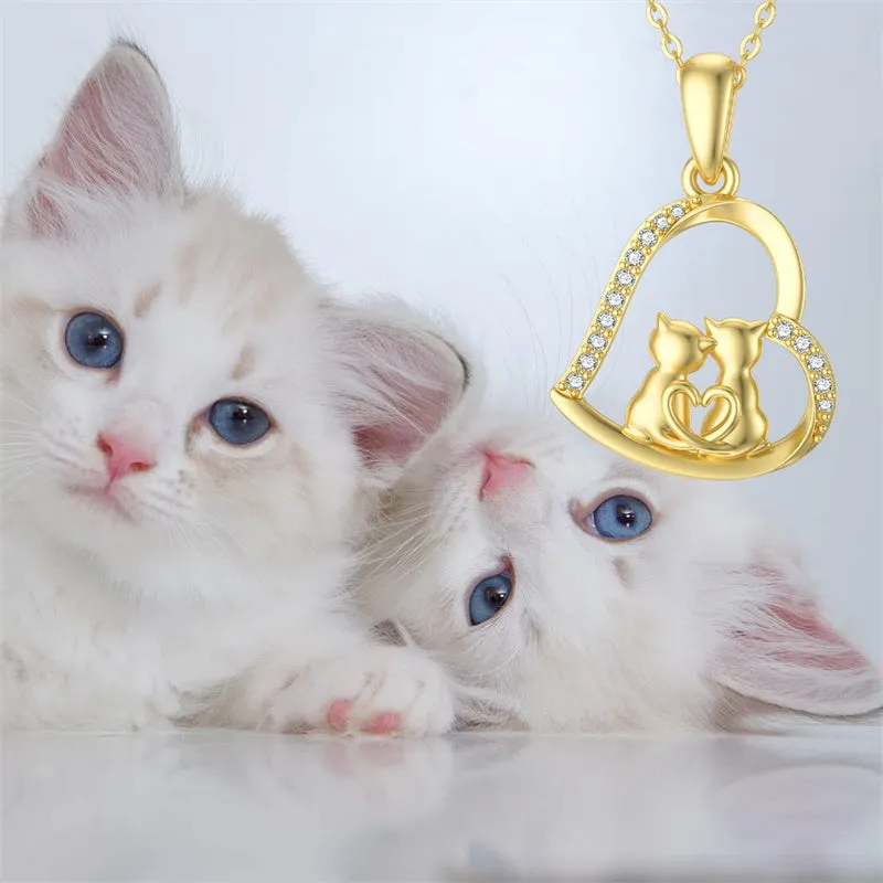 14K Solid Gold Cat Necklace for Women Cat Lover Gift Eternal Love Heart Necklace for Wife Girlfriend Mom