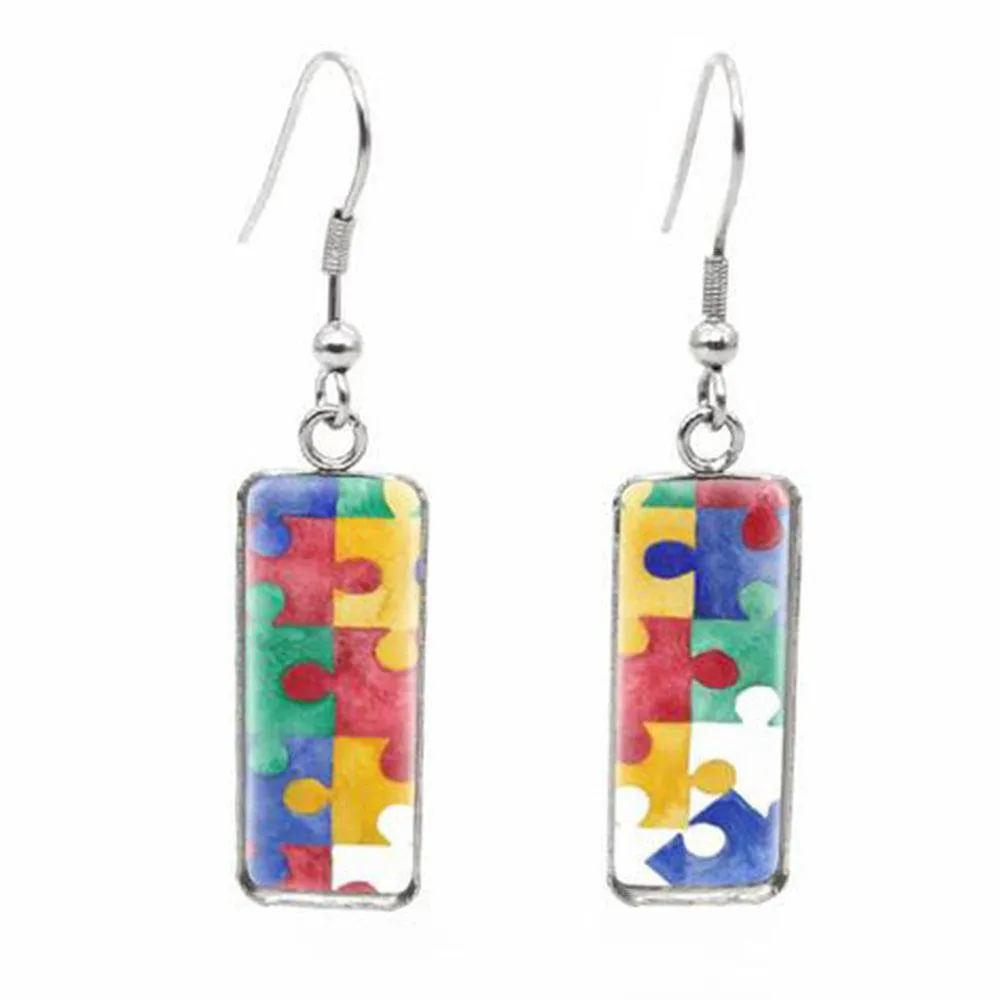 2020 New Autism Awareness Rectangular Earring Glass Dome Square Fish Hook Earring Handmade Photo Jewelry