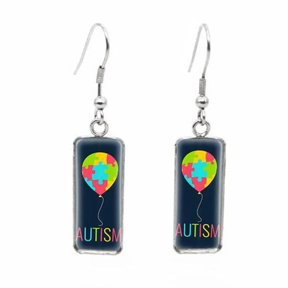 2020 New Autism Awareness Rectangular Earring Glass Dome Square Fish Hook Earring Handmade Photo Jewelry