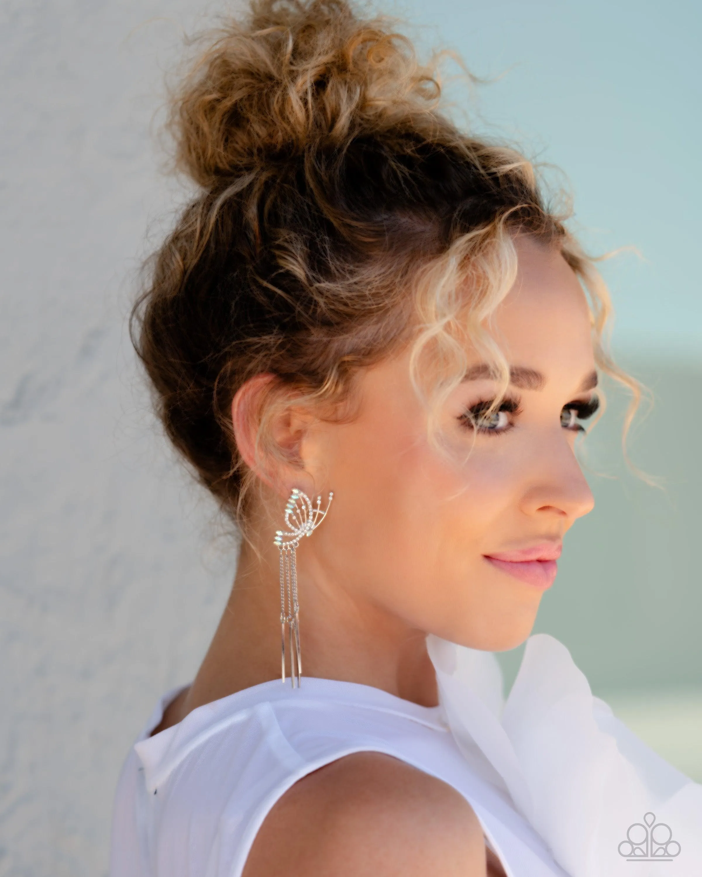 A Few Of My Favorite WINGS White Rhinestone Butterfly Earrings - Paparazzi Accessories