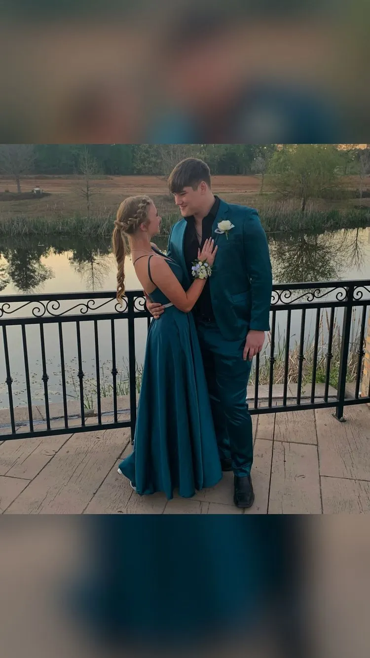 A-line Teal Satin Prom Dress Waist Beaded Senior School Prom Dress Y153