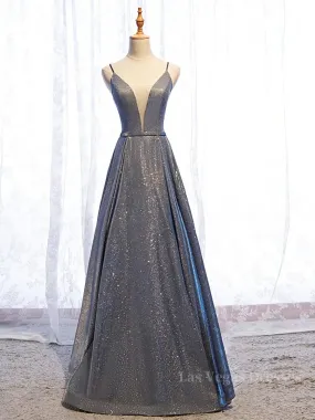 A Line V Neck Silver Gray Long Prom Dresses, Gray Long Formal Evening Dresses