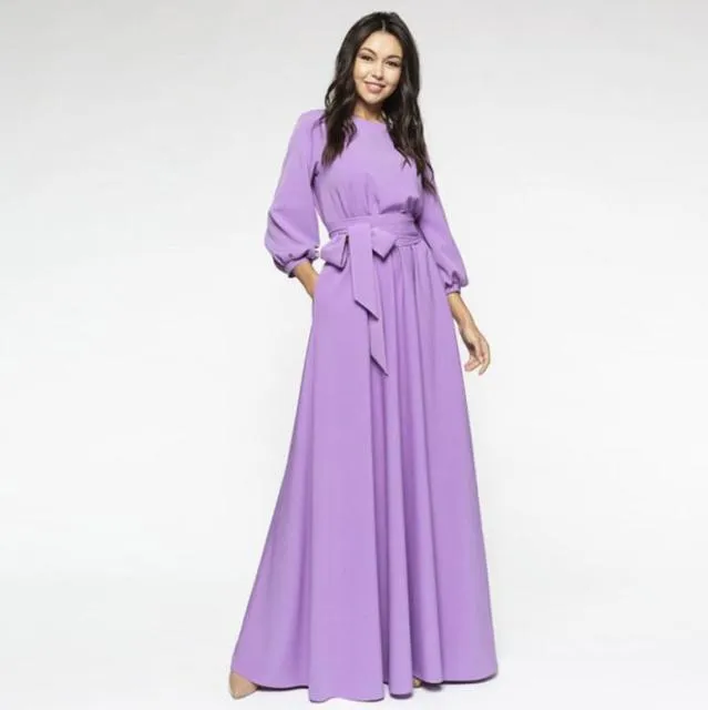 Autumn Women Casual Bow Maxi Sashes Dress