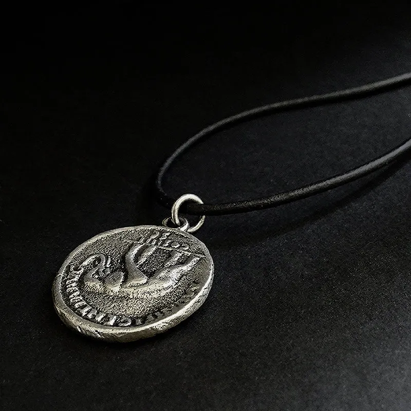 Classy Men's Sterling Silver Coin Pendant Necklace with Leather Cord