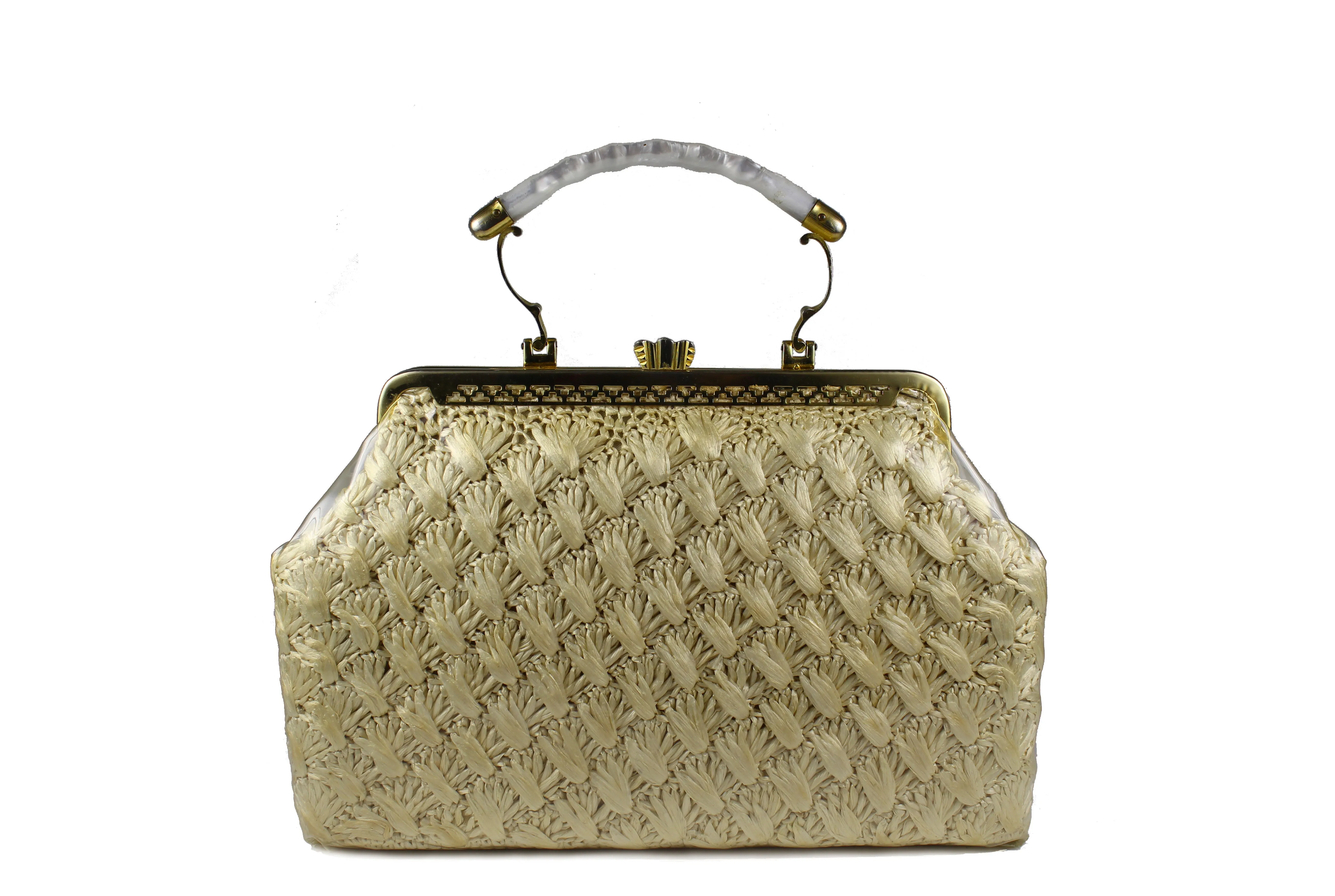 Ecru color crochet raffia handbag with lucite handle