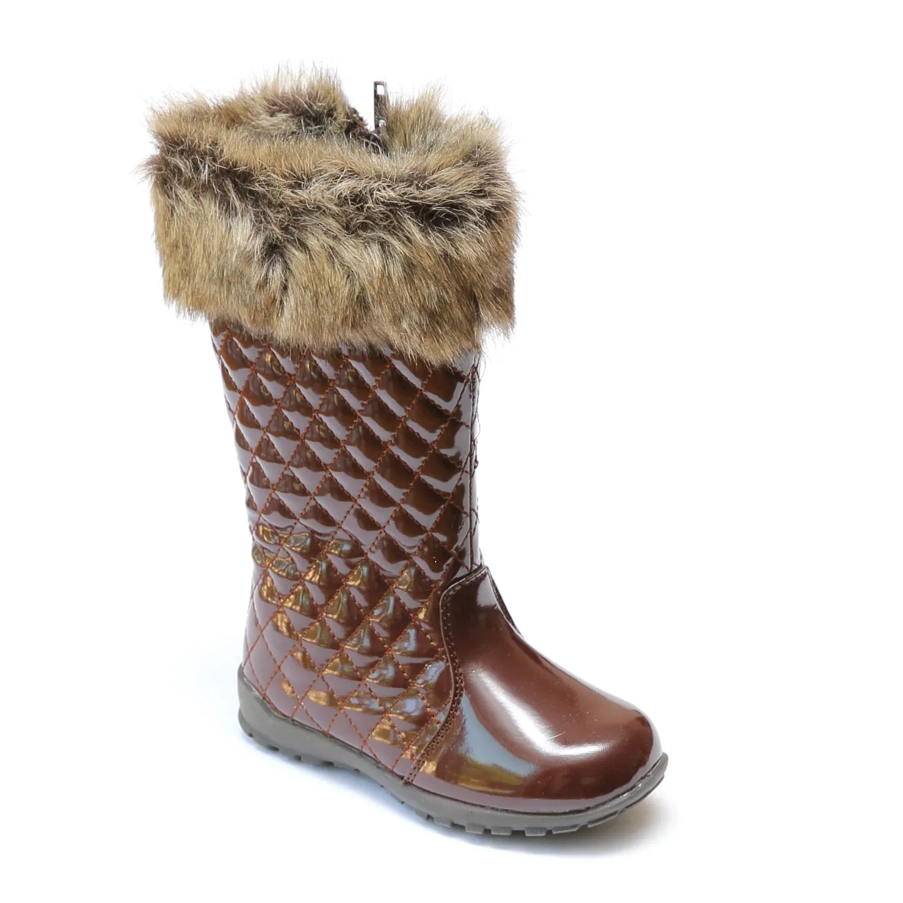 FINAL SALE - L'Amour Girls Patent Brown Faux Fur Cuff Boots