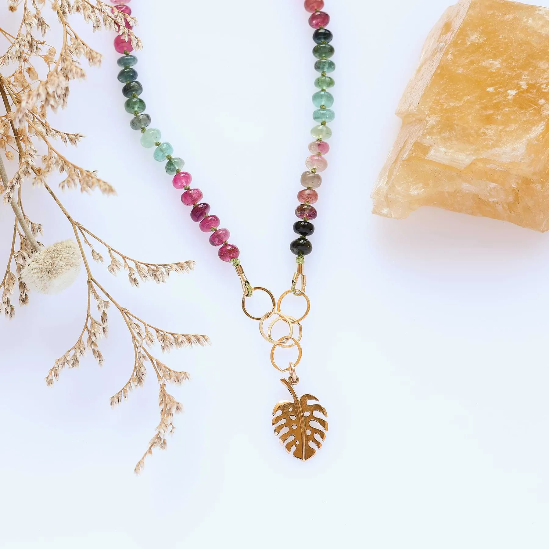 Free Spirit - Tourmaline and Monstera Leaf Pendant Necklace