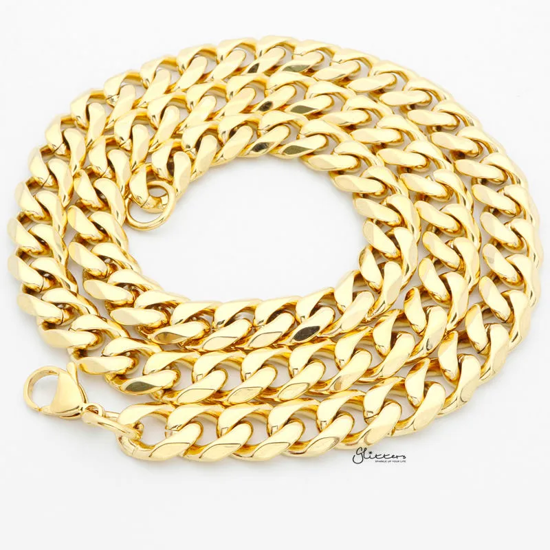 Gold I.P Stainless Steel Beveled Cuban Chain Necklace - 11mm width