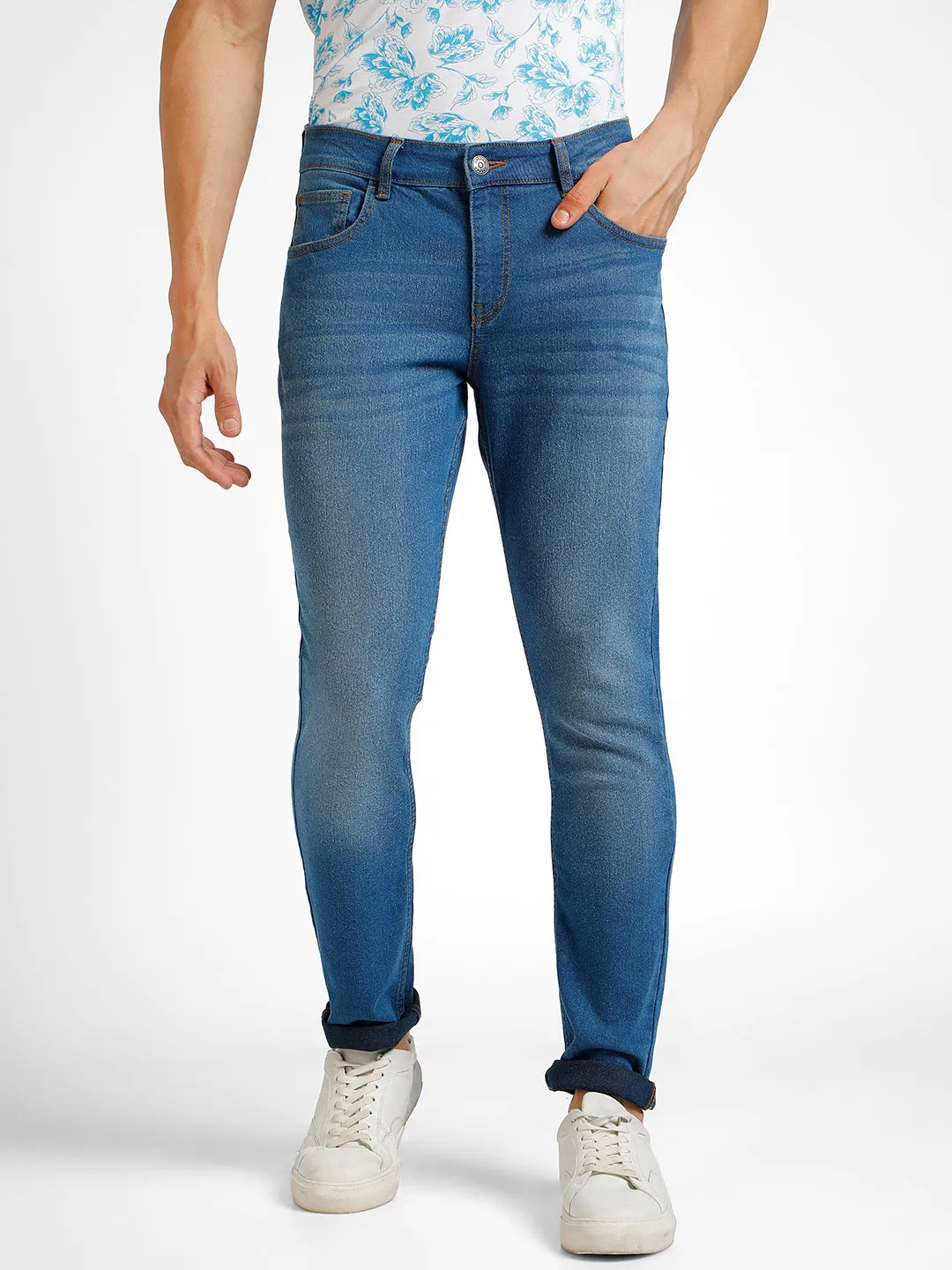 Men's Blue Regular Fit Washed Jeans Stretchable