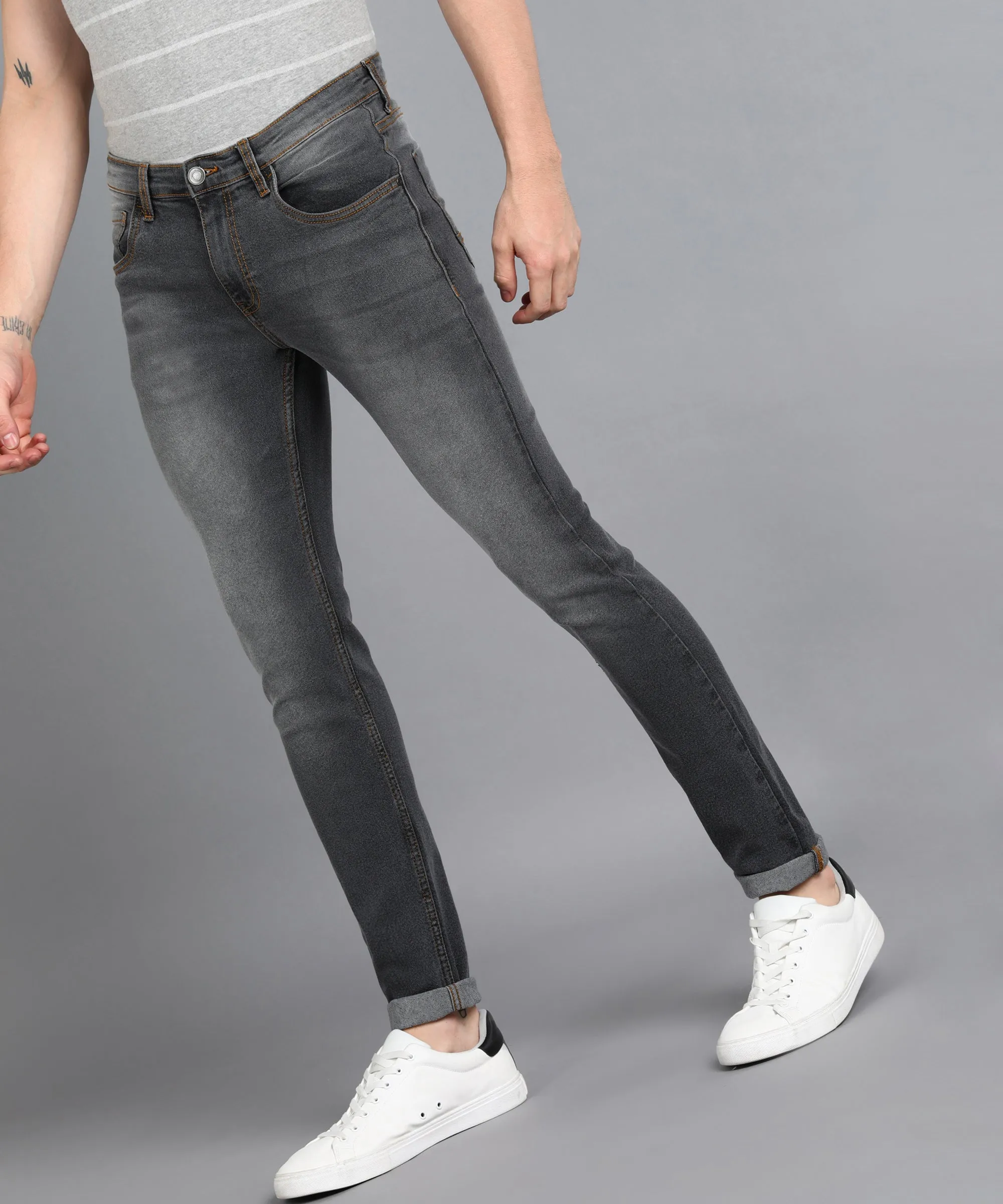 Men's Dark Grey Slim Fit Washed Jeans Stretchable