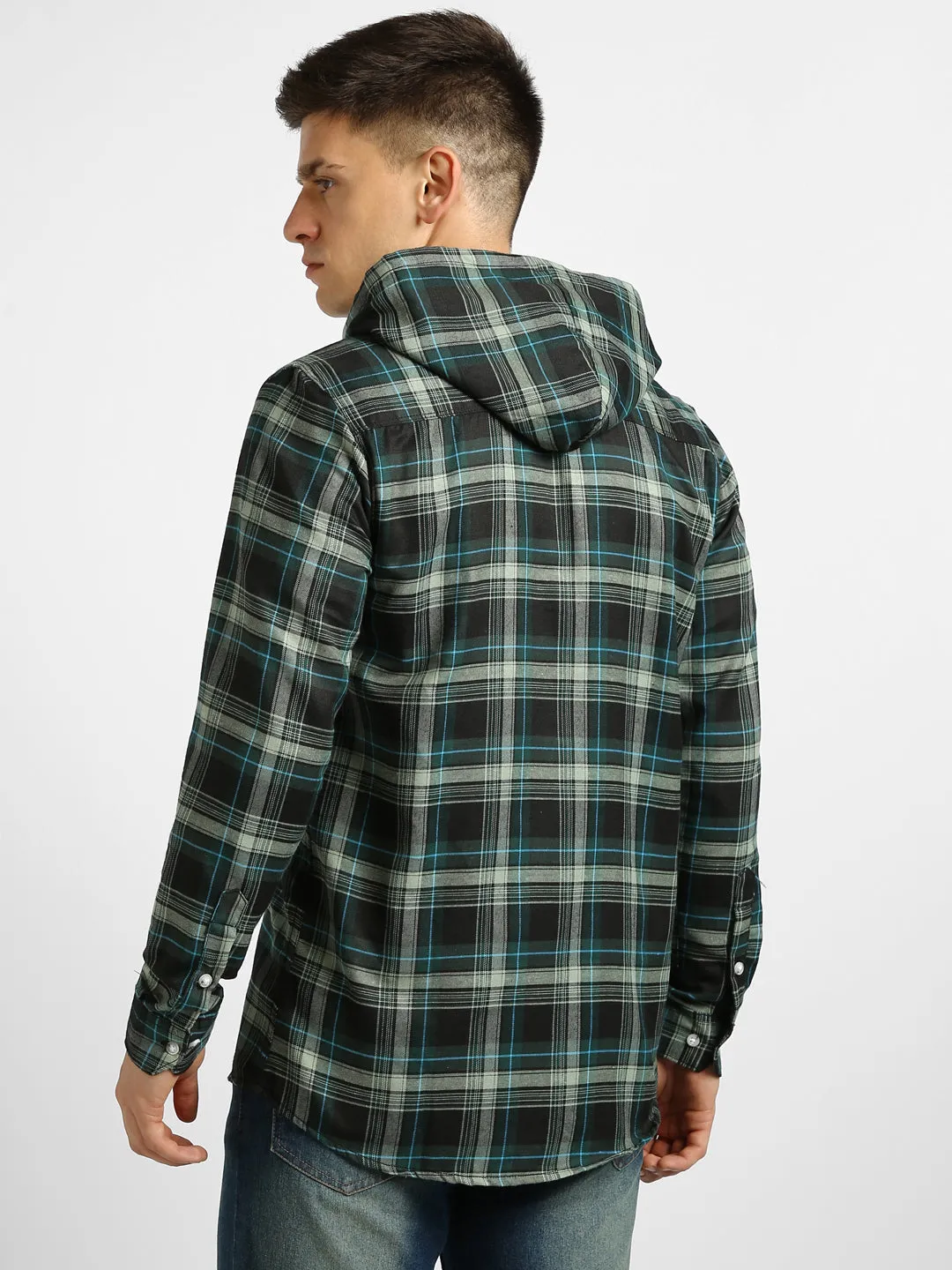 Men's Green Cotton Full Sleeve Slim Fit Casual Checkered Shirtwith Hooded Collar