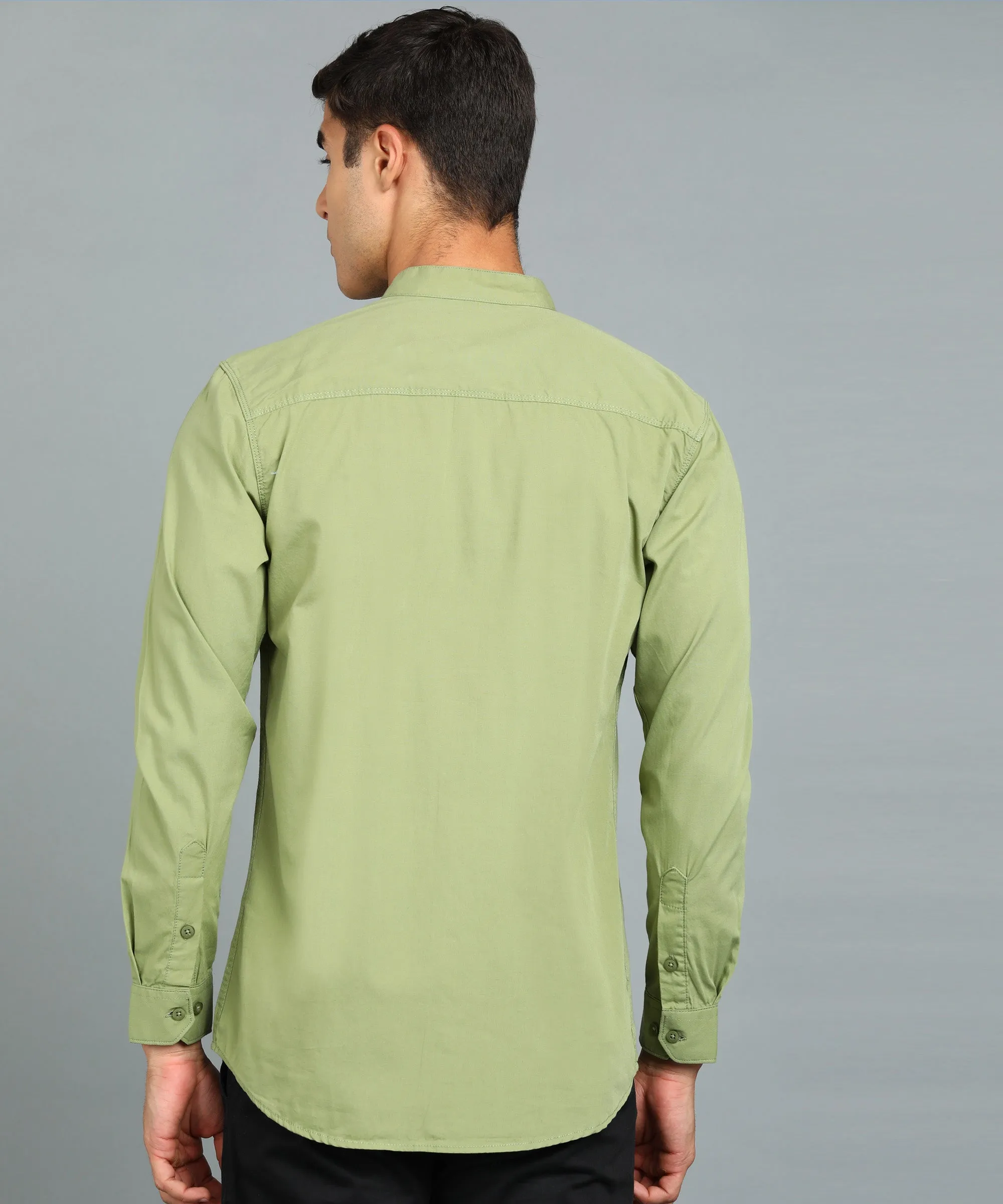 Men's Green Cotton Full Sleeve Slim Fit Solid Shirt with Mandarin Collar