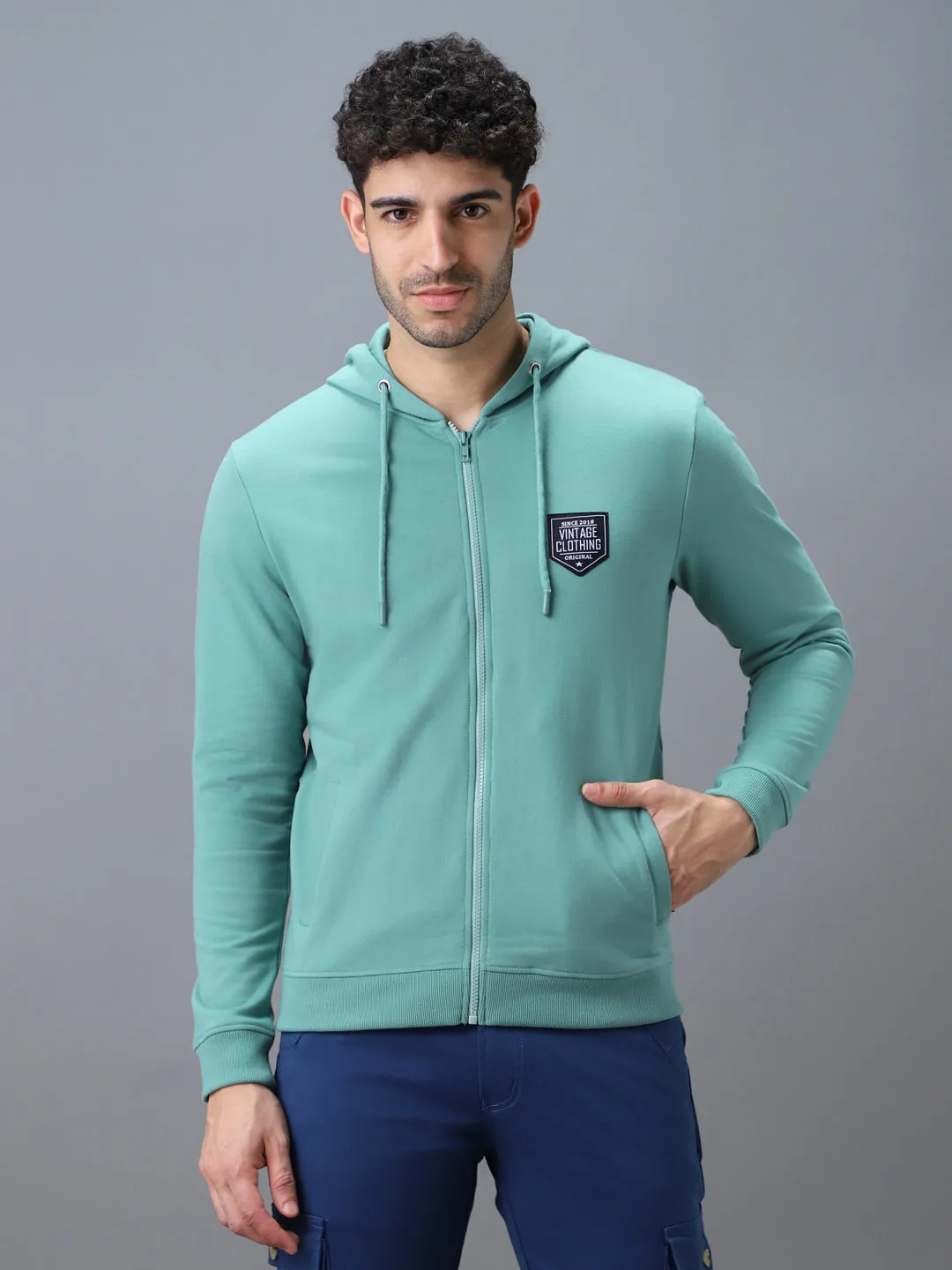 Men's Green Cotton Solid Zippered Hooded Neck Sweatshirt