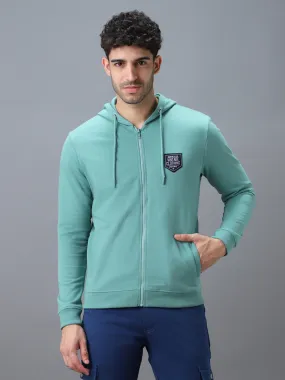 Men's Green Cotton Solid Zippered Hooded Neck Sweatshirt