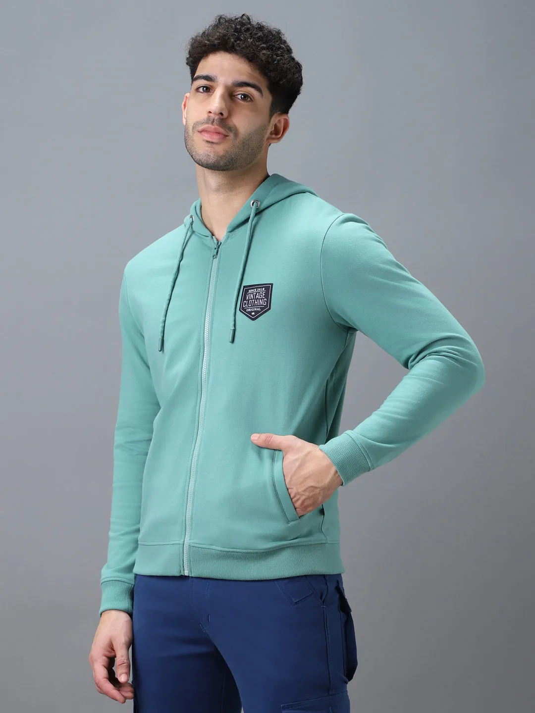 Men's Green Cotton Solid Zippered Hooded Neck Sweatshirt