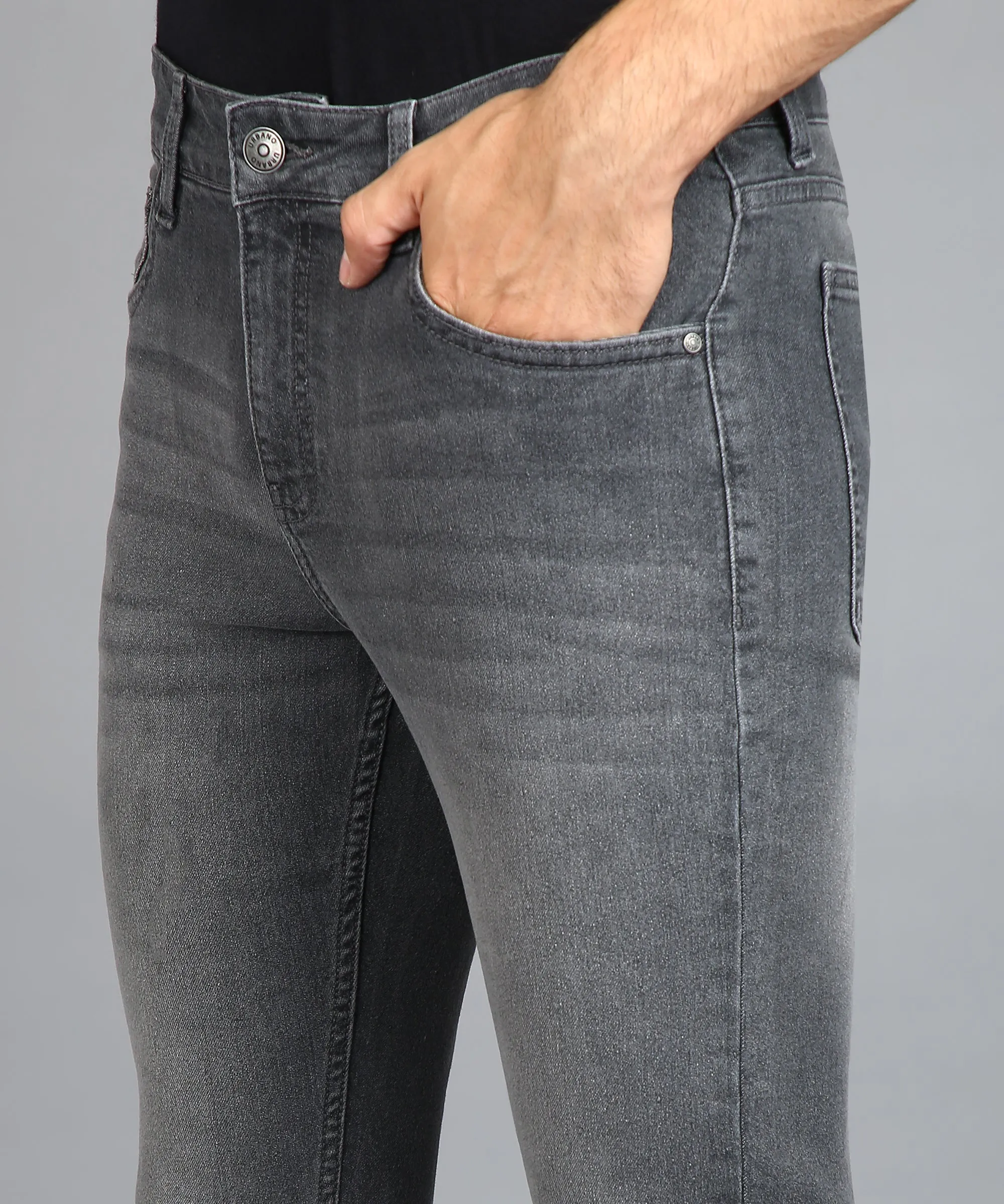 Men's Grey Regular Fit Washed Jeans Stretchable