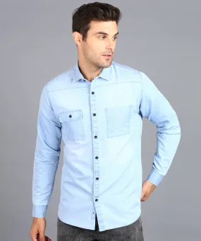 Men's Ice Blue Denim Full Sleeve Slim Fit Washed Casual Shirt