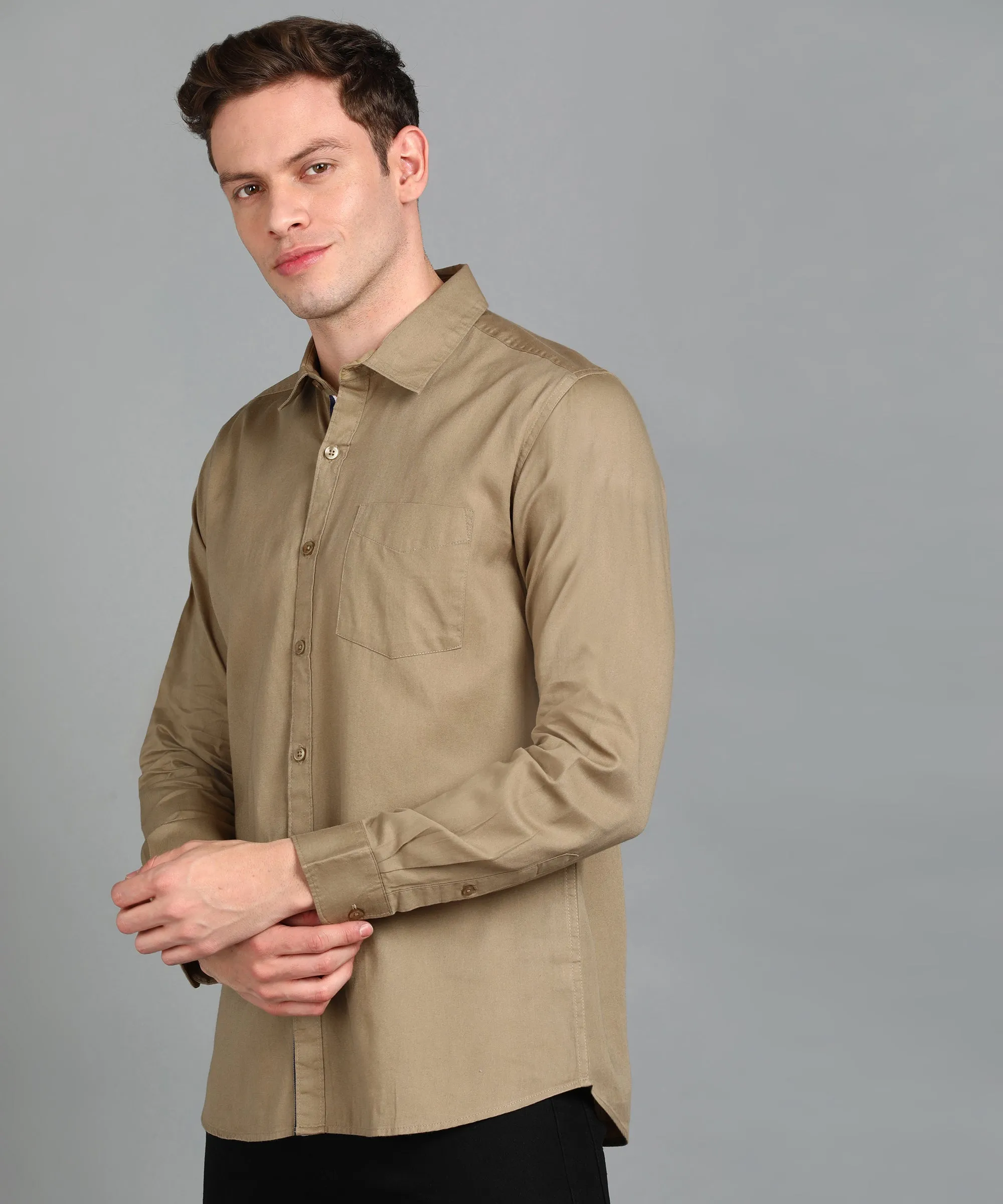 Men's Khaki Cotton Full Sleeve Slim Fit Casual Solid Shirt