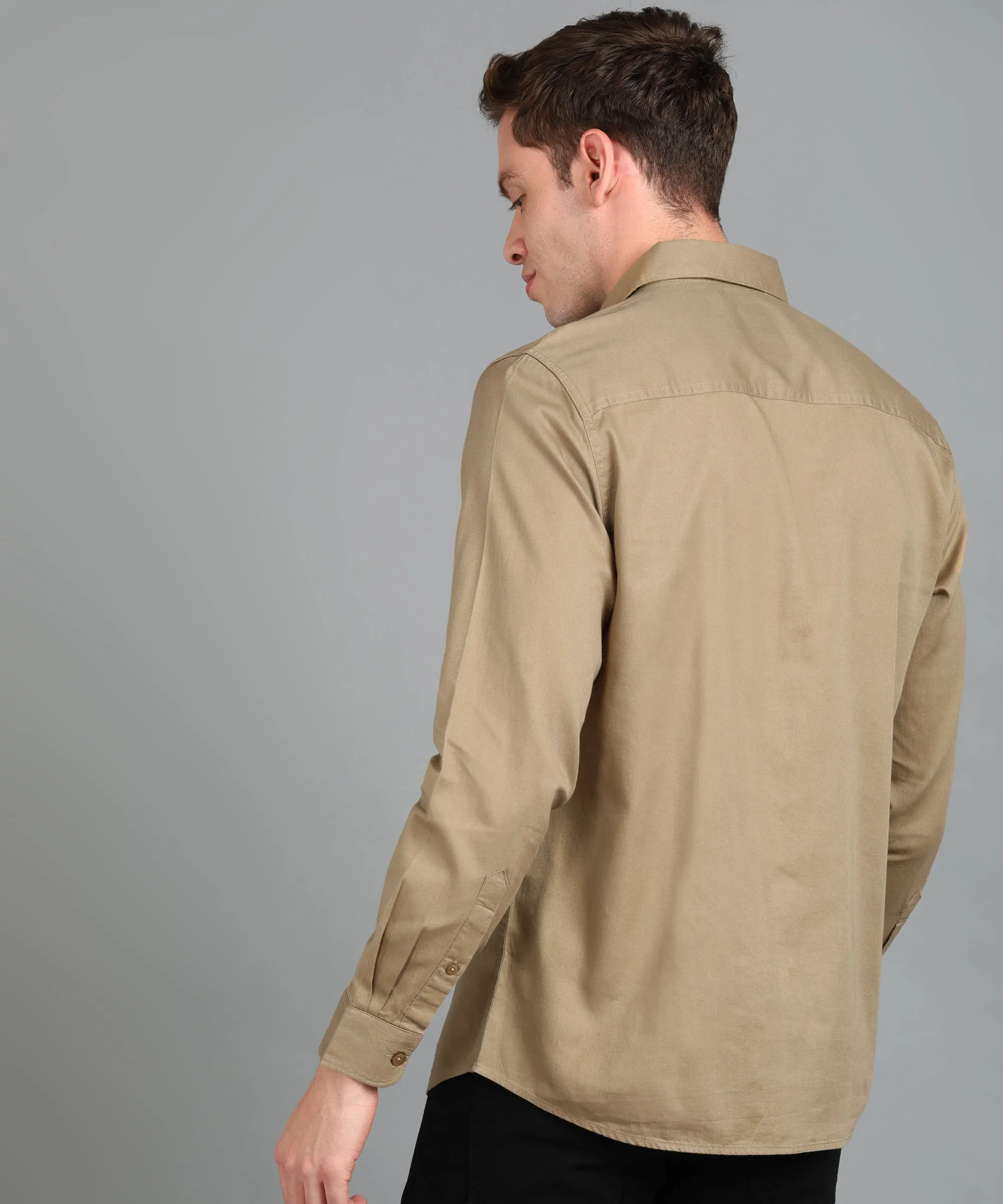 Men's Khaki Cotton Full Sleeve Slim Fit Casual Solid Shirt