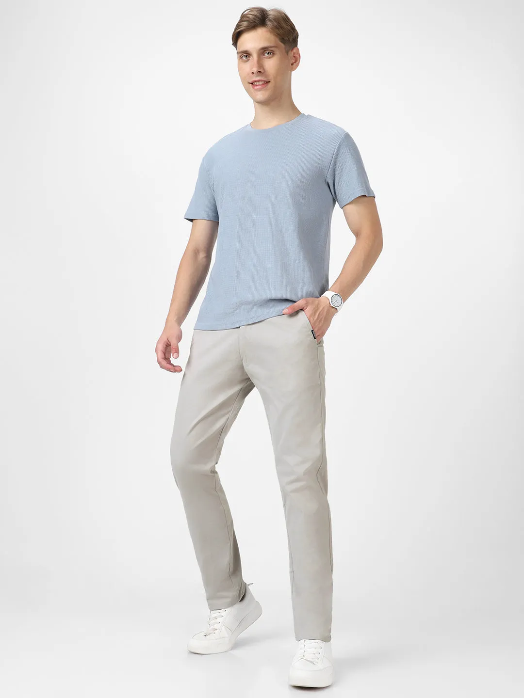 Men's Light Grey Cotton Slim Fit Casual Chinos Trousers Stretch