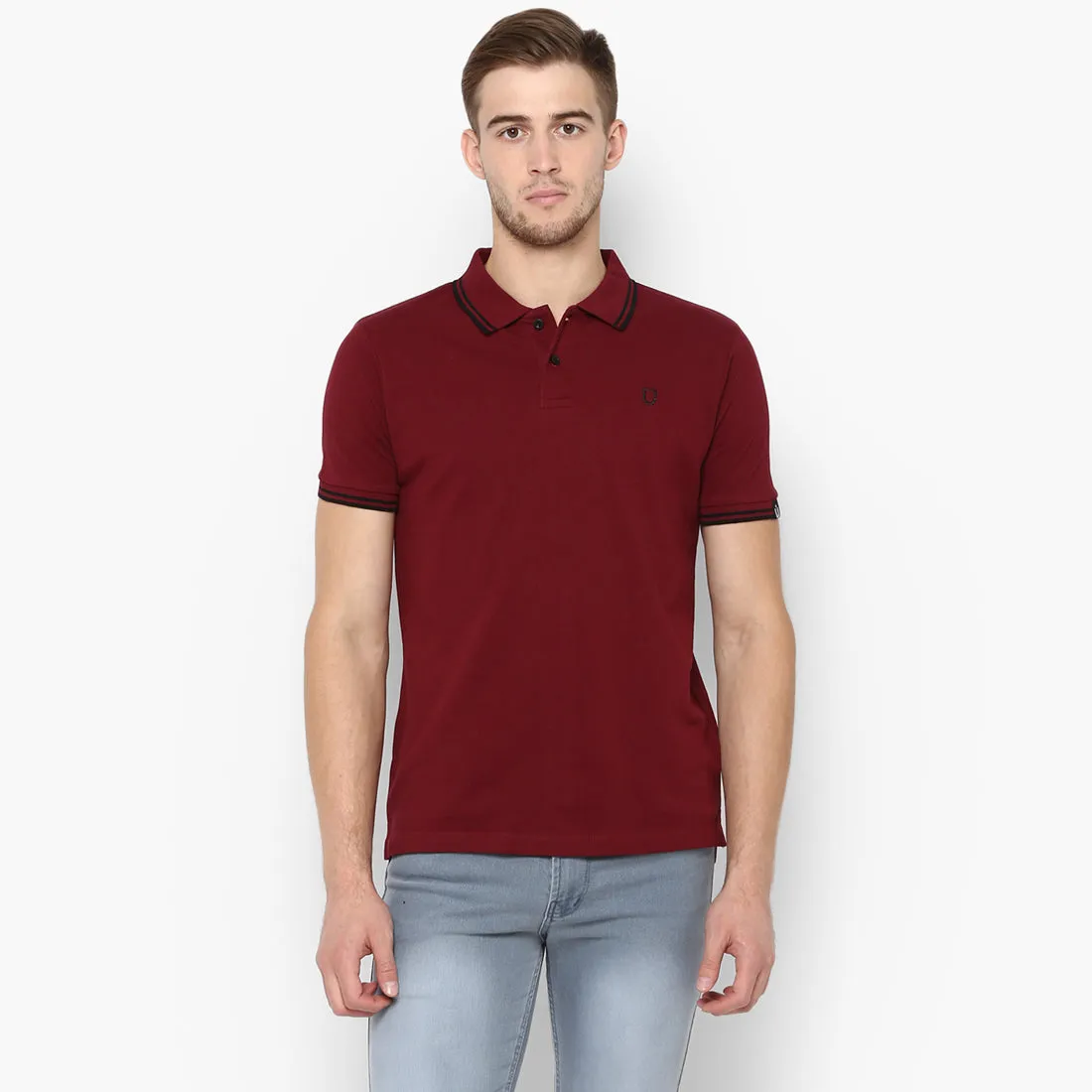 Men's Maroon Solid Mandarin Collar Slim Fit Cotton Polo T-Shirt