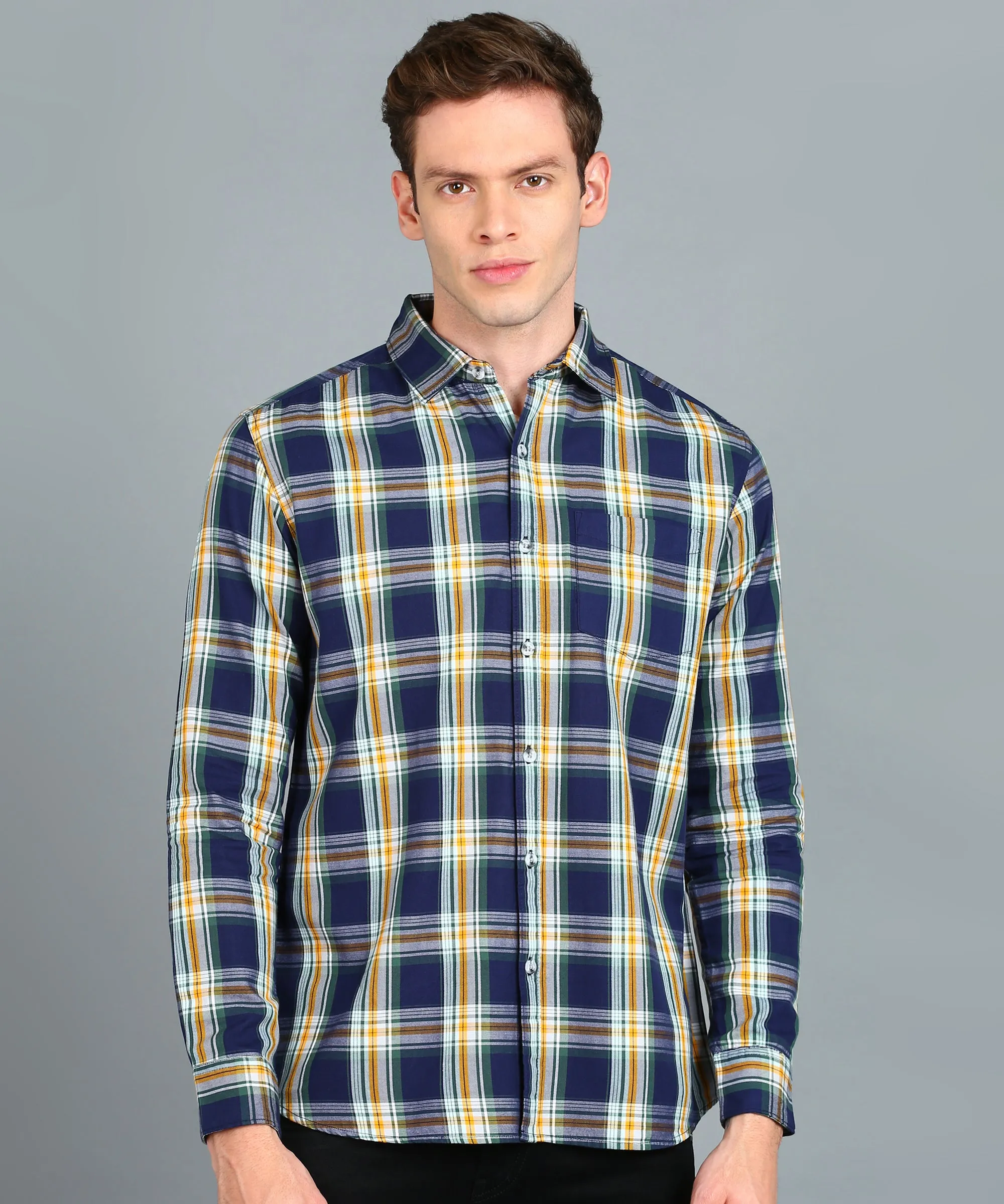 Men's Navy Blue Cotton Full Sleeve Slim Fit Casual Checkered Shirt