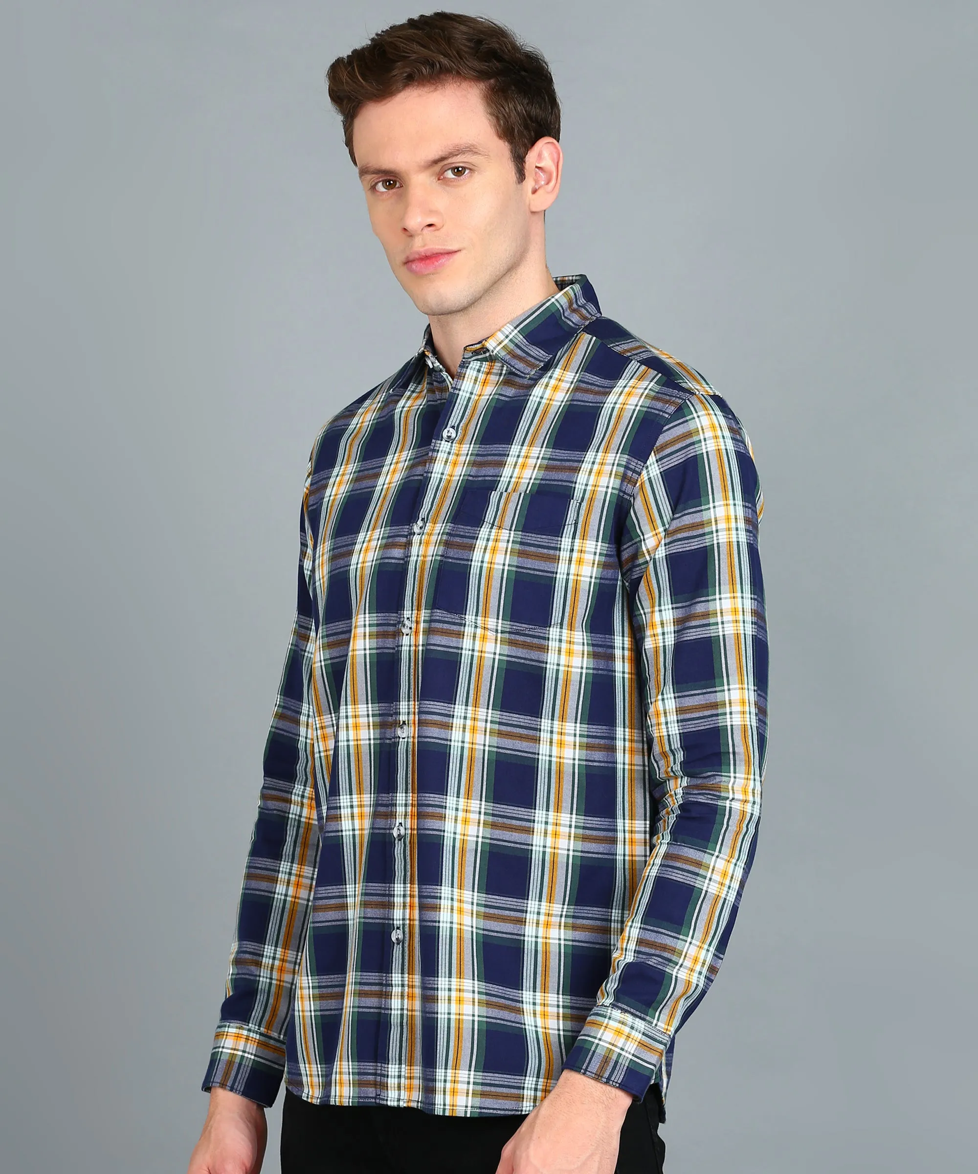 Men's Navy Blue Cotton Full Sleeve Slim Fit Casual Checkered Shirt