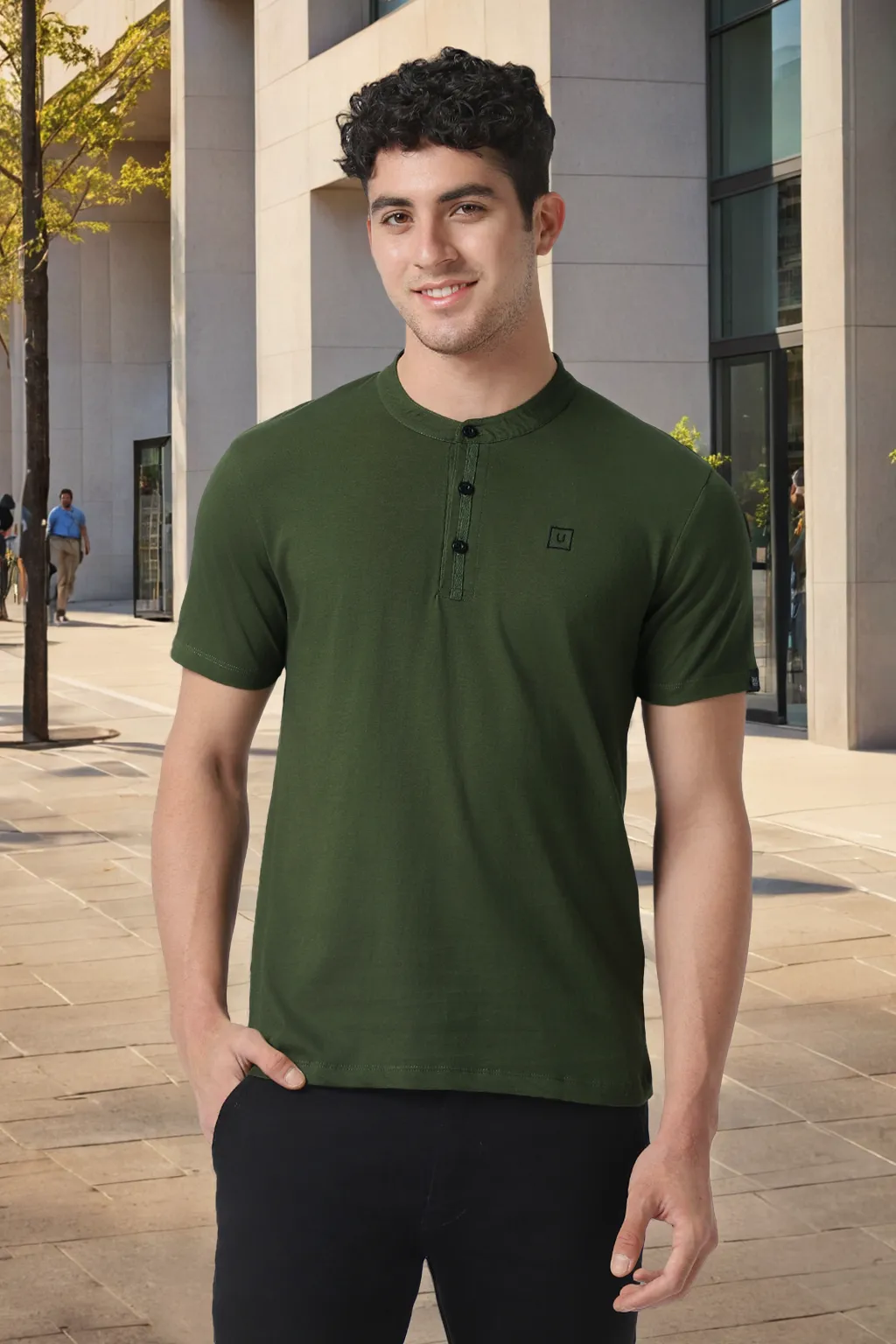 Men's Olive Green Solid Mandarin Collar Slim Fit Cotton T-Shirt