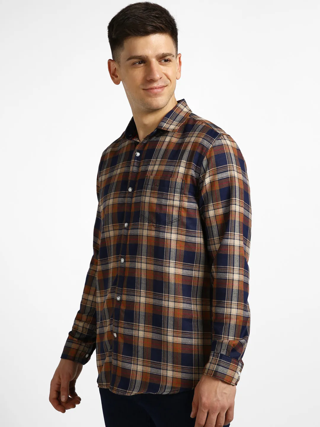 Men's Orange Cotton Full Sleeve Slim Fit Casual Checkered Shirt with Hooded Collar