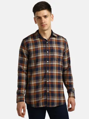 Men's Orange Cotton Full Sleeve Slim Fit Casual Checkered Shirt with Hooded Collar