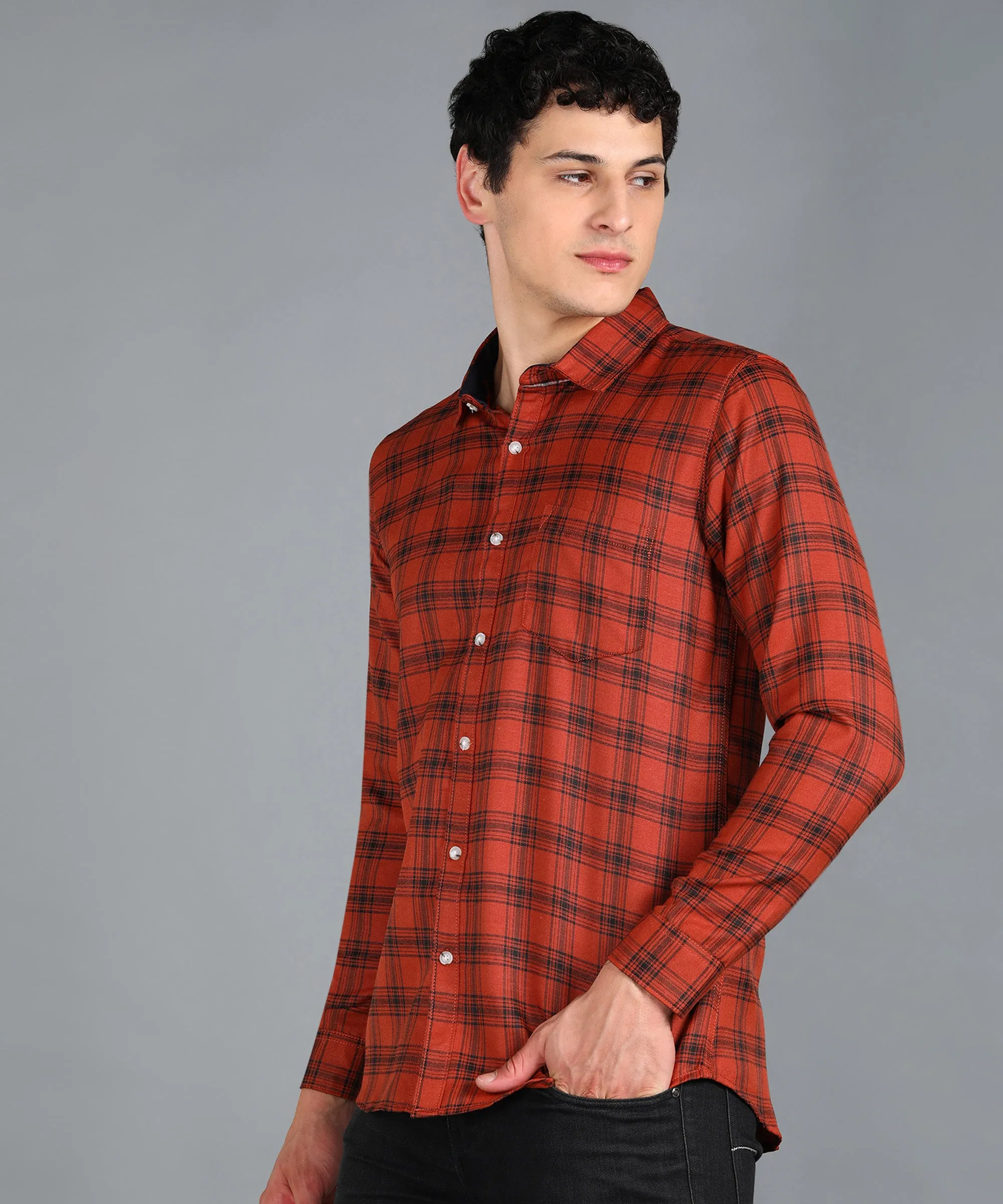 Men's Orange Cotton Full Sleeve Slim Fit Casual Checkered Shirt