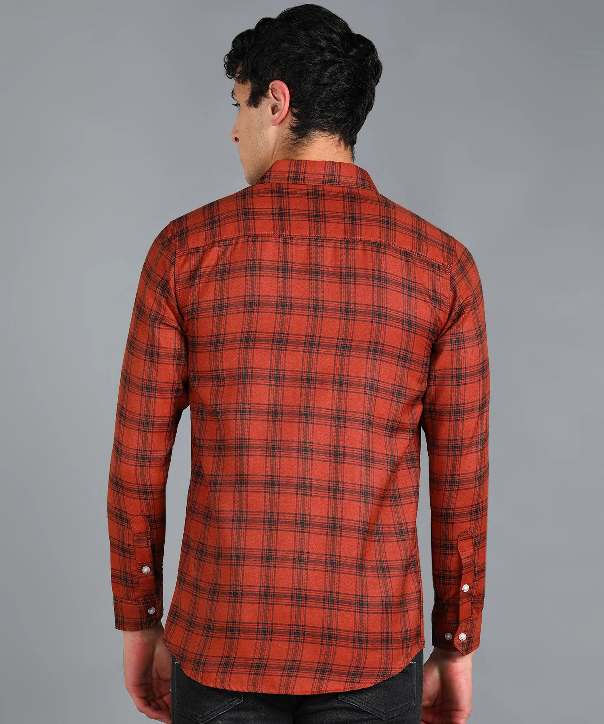 Men's Orange Cotton Full Sleeve Slim Fit Casual Checkered Shirt