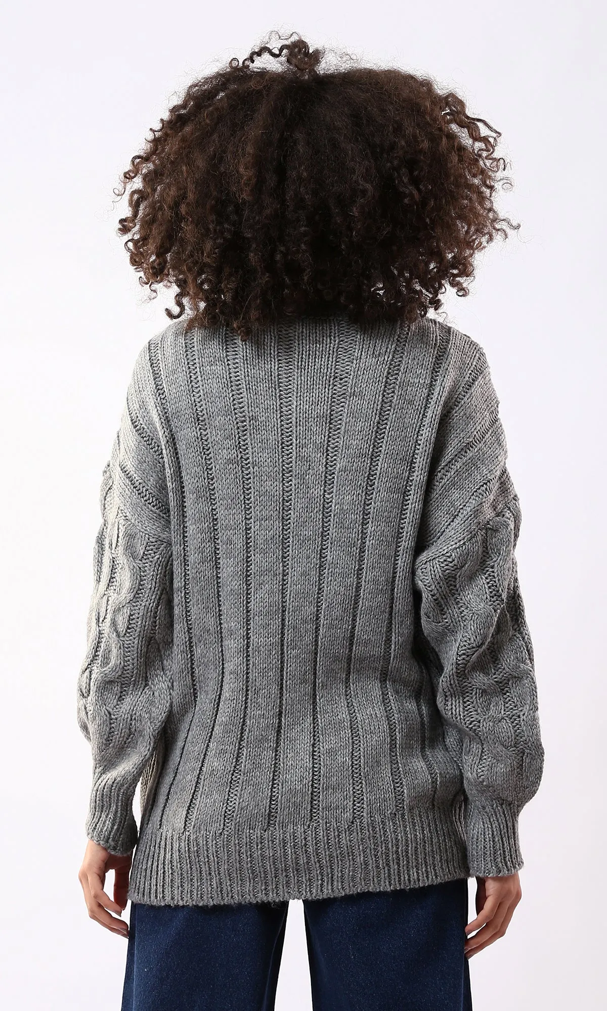 O168919 Long Sleeves Knitted Grey Pullover With Mock Neck