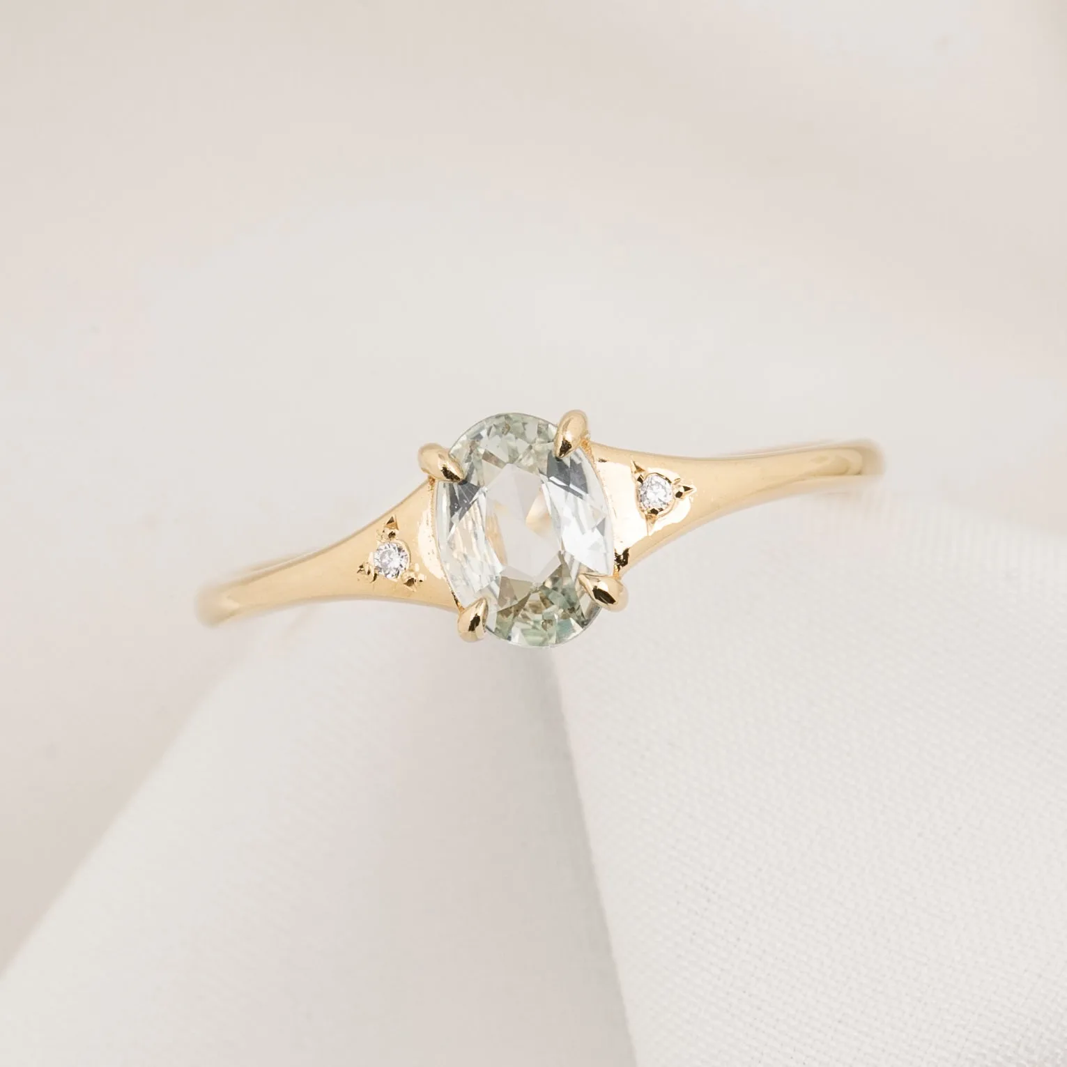 Piper Ring 0.60ct Light Green Madagascar Sapphire, 14K Yellow Gold (One of a kind)