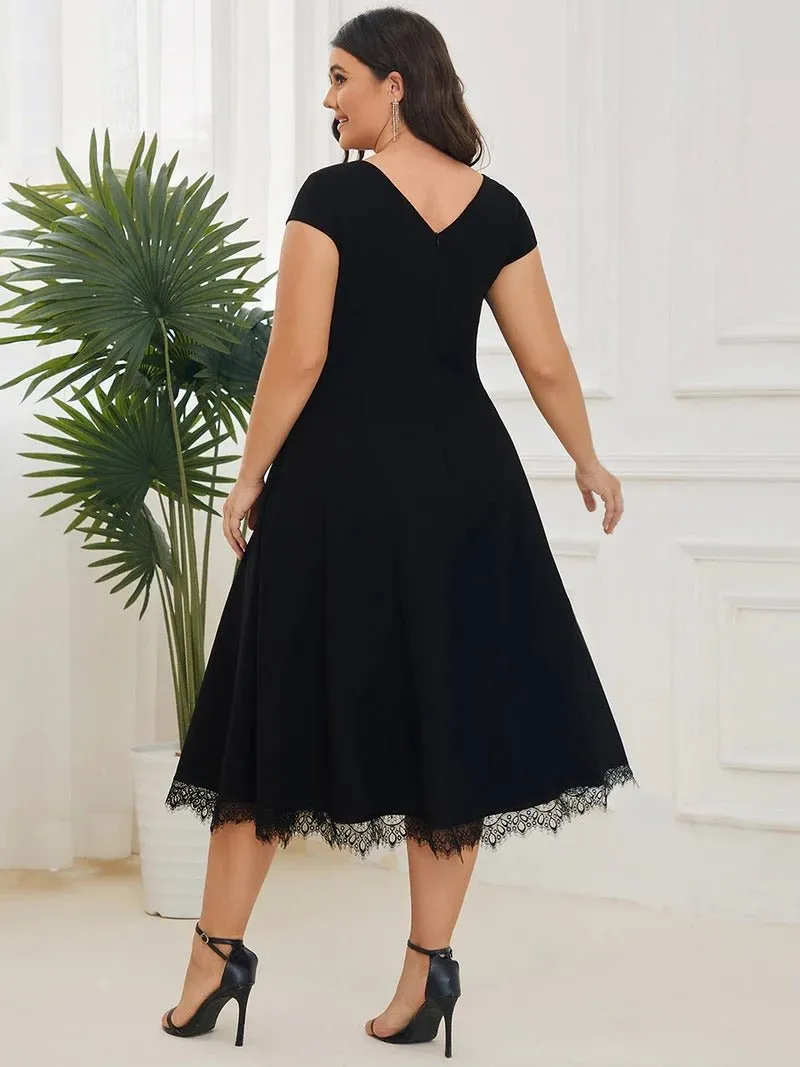 Plus Deep V Neck Cover Sleeves A Line Knee Length Evening Dresses