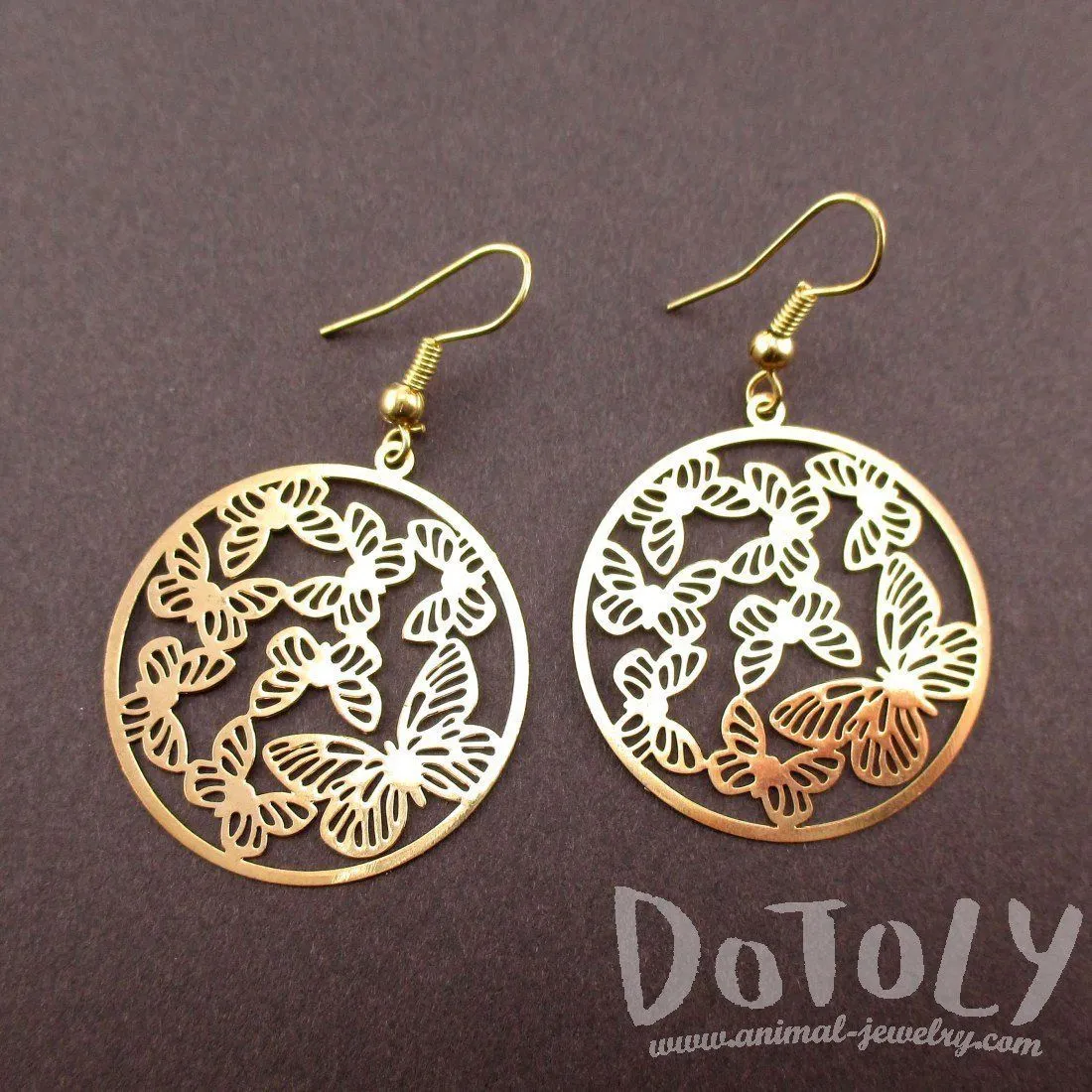 Round Butterfly Pattern Filigree Cut Out Shaped Dangle Earrings in Gold | DOTOLY