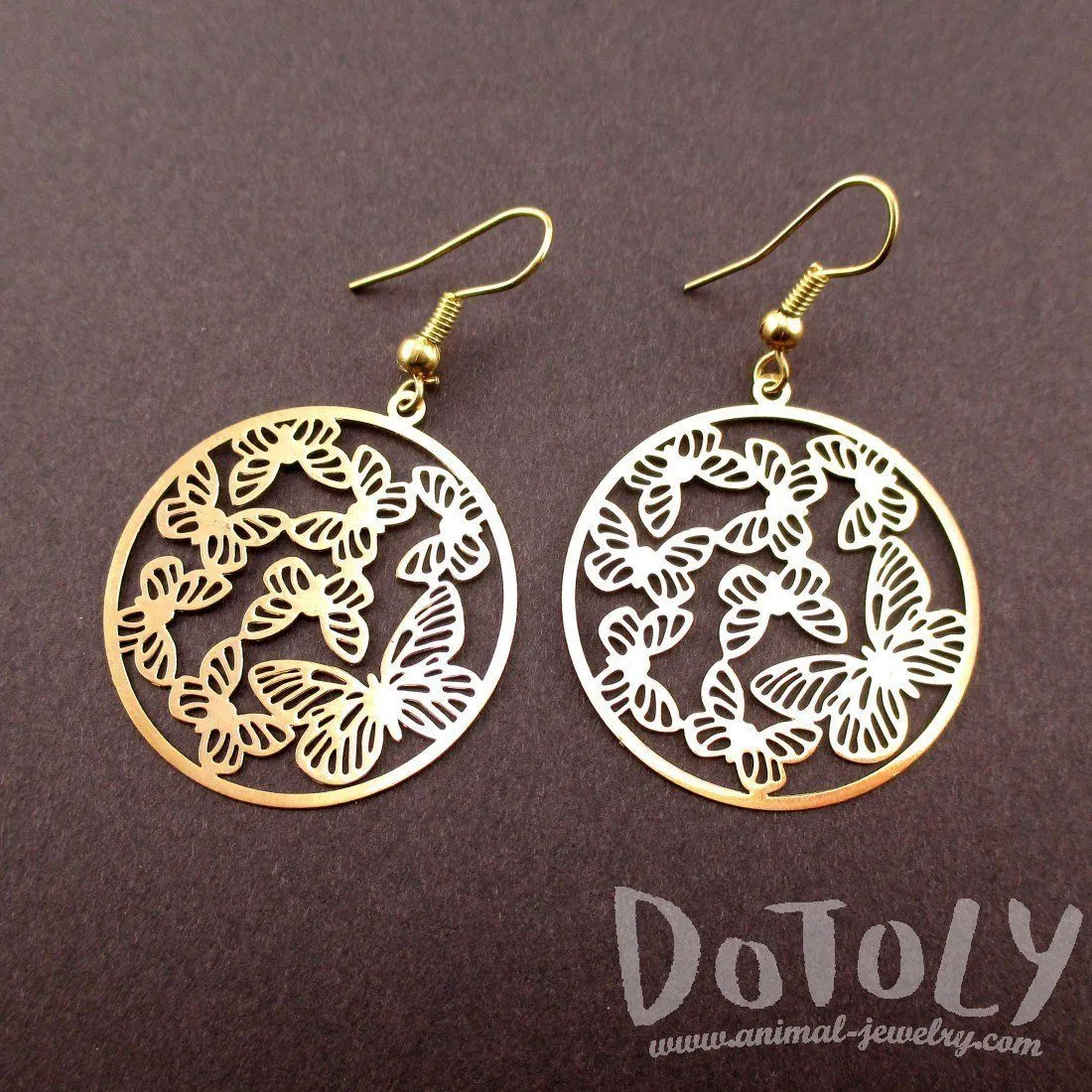 Round Butterfly Pattern Filigree Cut Out Shaped Dangle Earrings in Gold | DOTOLY