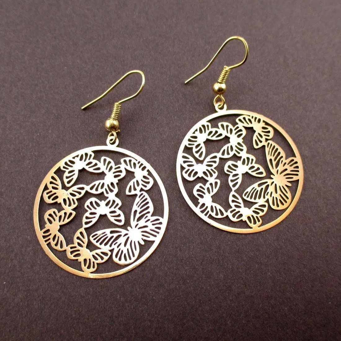 Round Butterfly Pattern Filigree Cut Out Shaped Dangle Earrings in Gold | DOTOLY