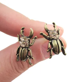 Stag Beetle with Pincers Shaped Rhinestone Stud Earrings in Brass | DOTOLY