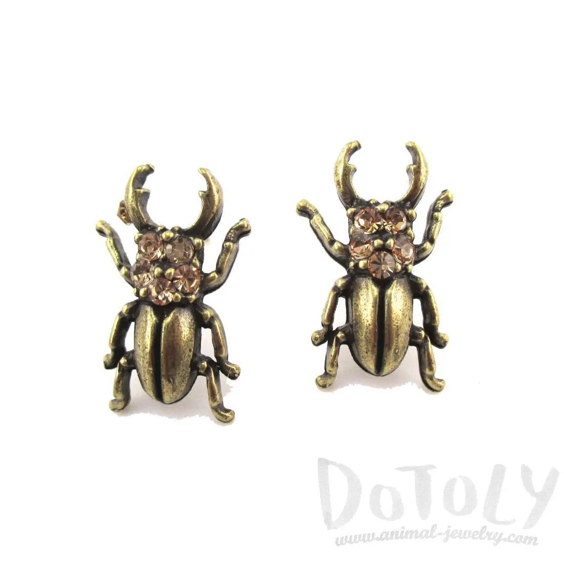 Stag Beetle with Pincers Shaped Rhinestone Stud Earrings in Brass | DOTOLY