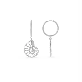 Statement Open Ammonite Drop Hoop Earrings - Silver