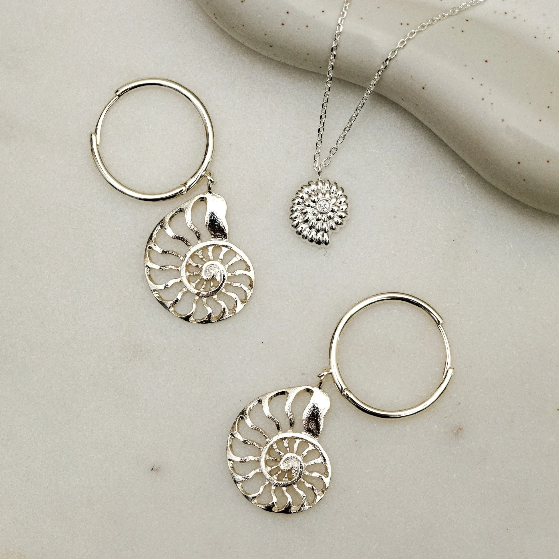 Statement Open Ammonite Drop Hoop Earrings - Silver