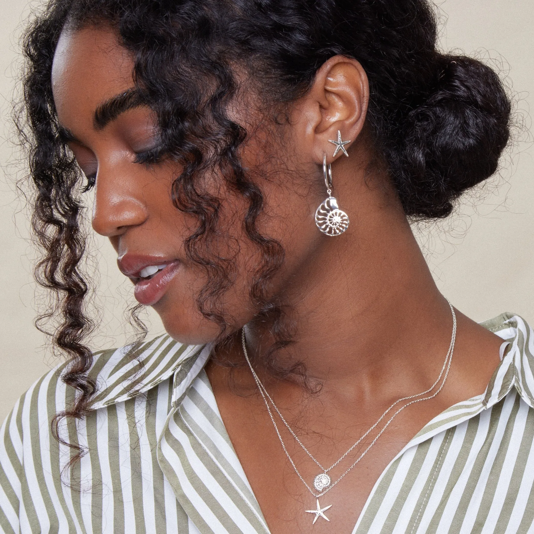 Statement Open Ammonite Drop Hoop Earrings - Silver