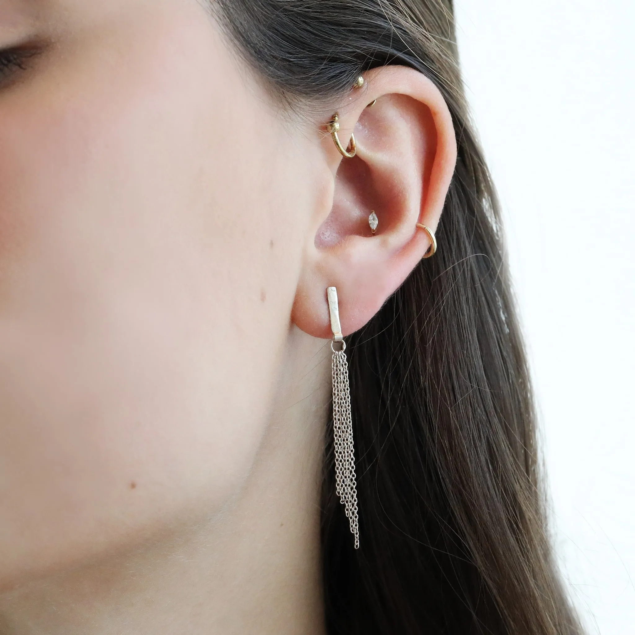 Sterling Silver Post Earrings with Angled Chain Fringe Attached to a Flat Bar