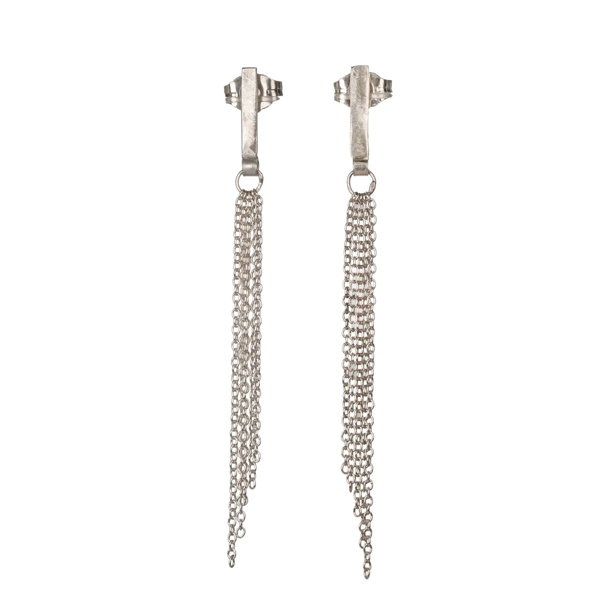 Sterling Silver Post Earrings with Angled Chain Fringe Attached to a Flat Bar