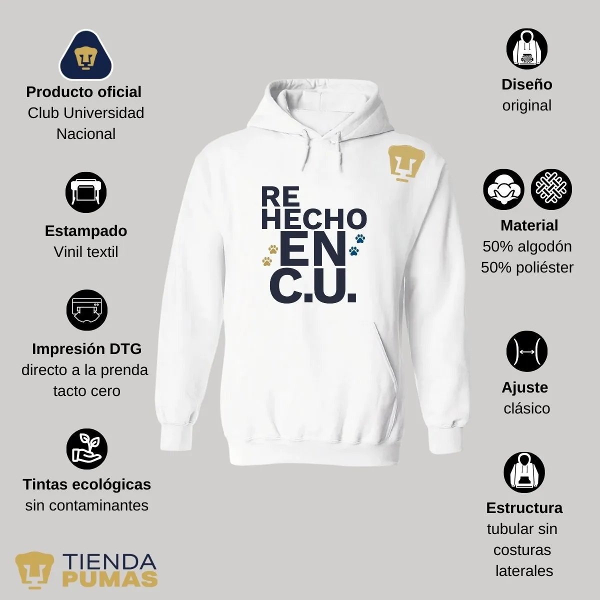 Sudadera Hombre Hoodie Pumas UNAM Re Hecho en C.U.