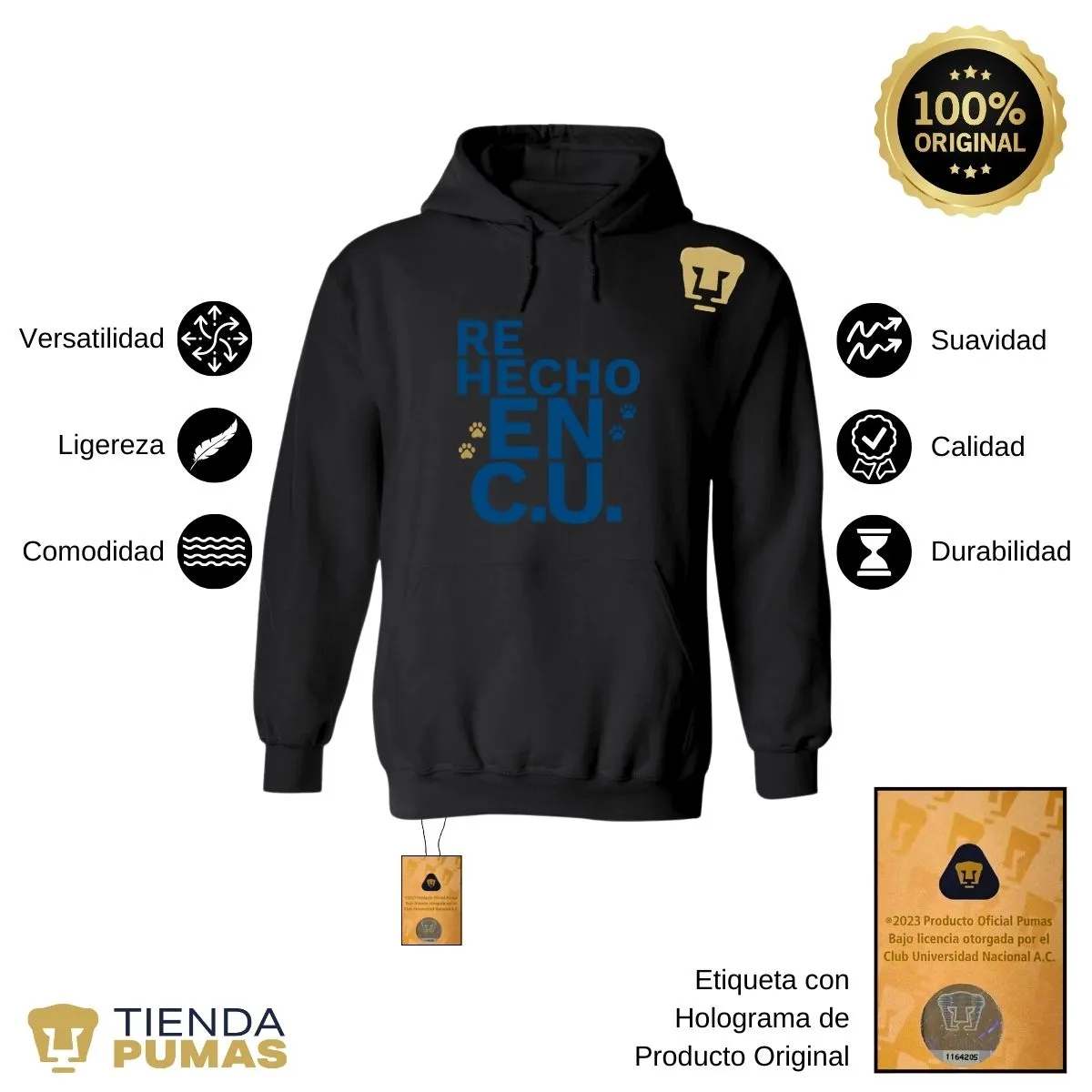 Sudadera Hombre Hoodie Pumas UNAM Re Hecho en C.U.