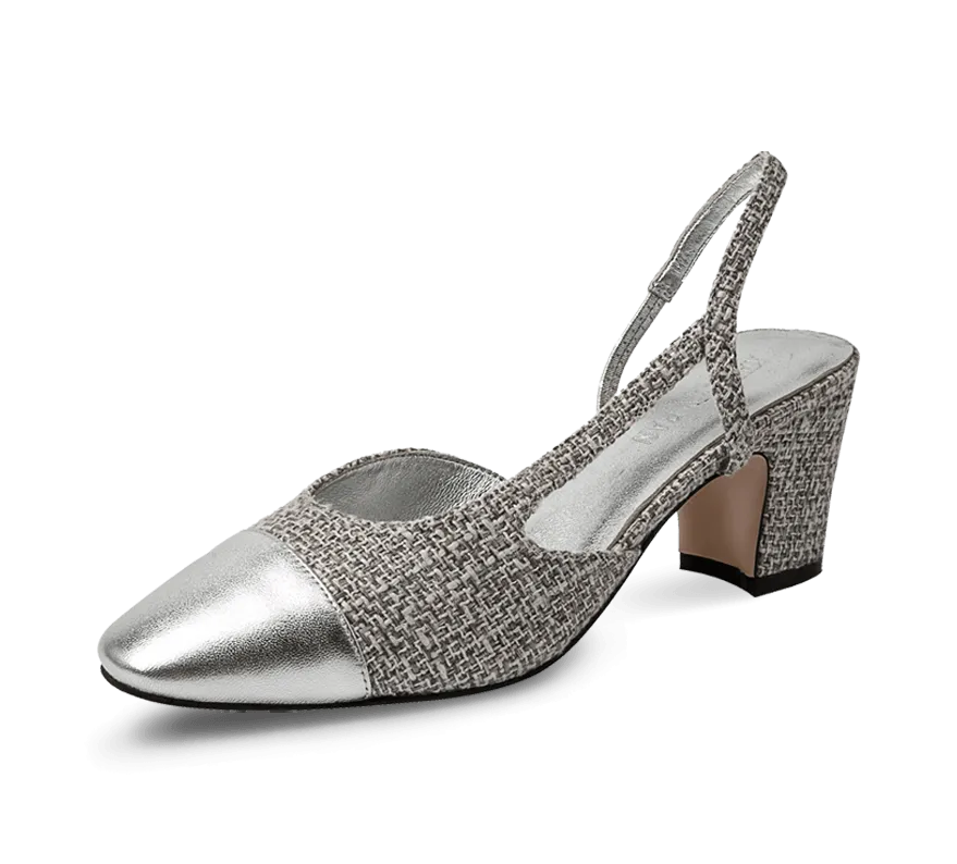 Two Tone Silver Toe Block Heel Slingback Sandals