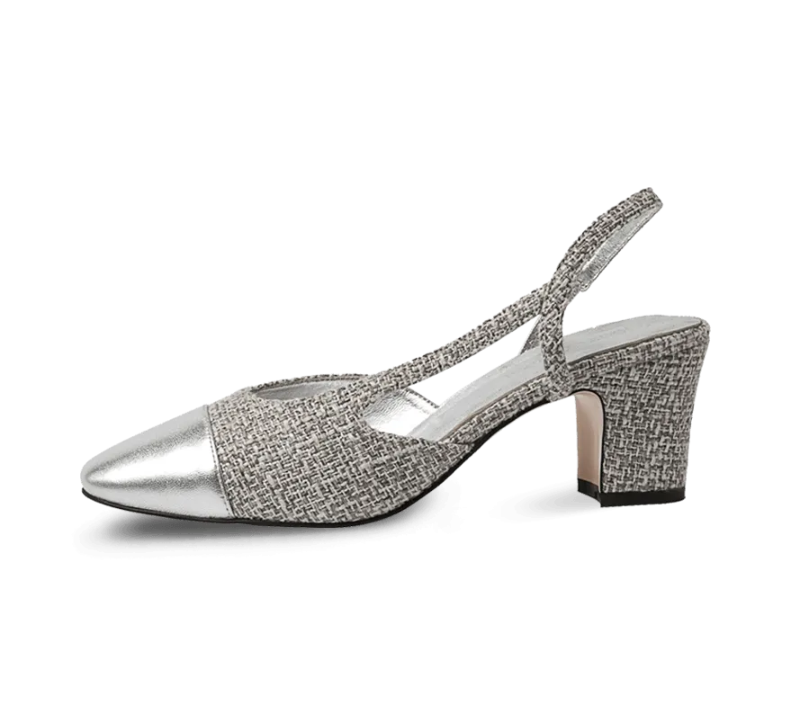 Two Tone Silver Toe Block Heel Slingback Sandals